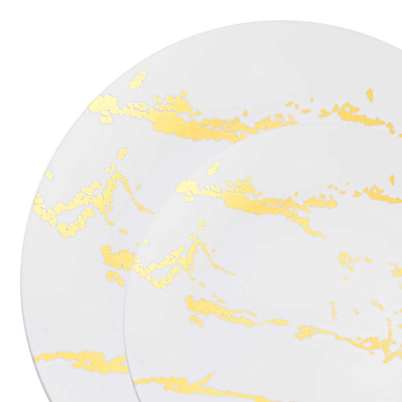 White with Gold Marble Stroke Round Disposable Plastic Dinnerware Value Set (120 Guests)